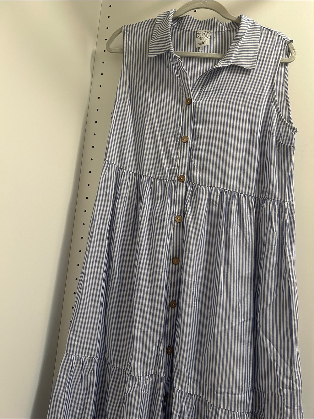 Sleeveless Blue-White Striped Button-Front maternity Dress - Picture 3 of 3